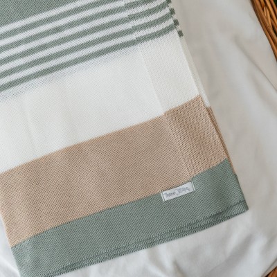   Manta de Linha Listrada - Verde, Branco e Areia